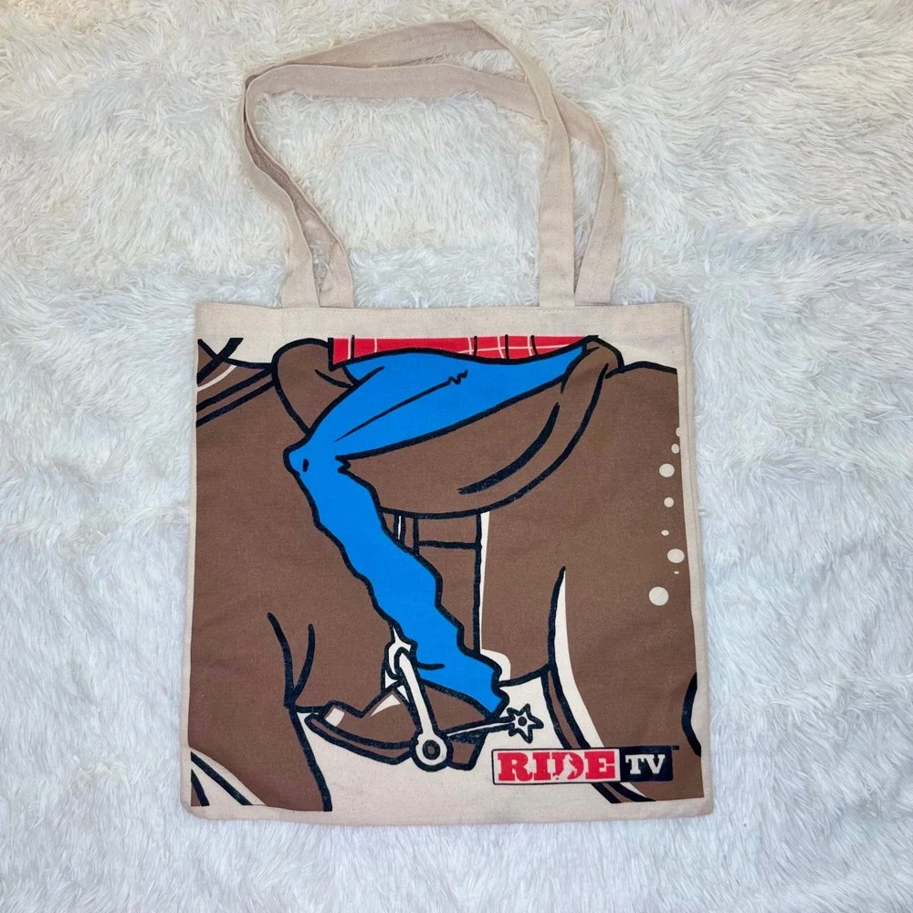 Ride TV Western Cowboy Graphic‎ Print Beige Canvas Tote Bag
